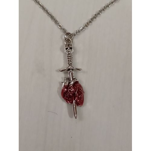 Collier Métal Argenté,Pendentif Coeur Transpercé D'une Dague,Taille 51cm