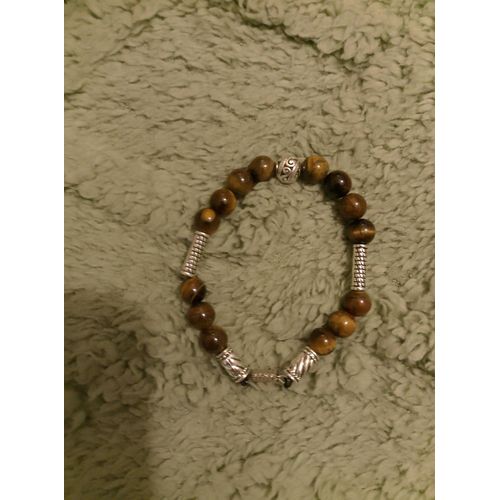 Bracelet Artisanal En Oeils De Tigre Marrons Et Argent Tibétain.