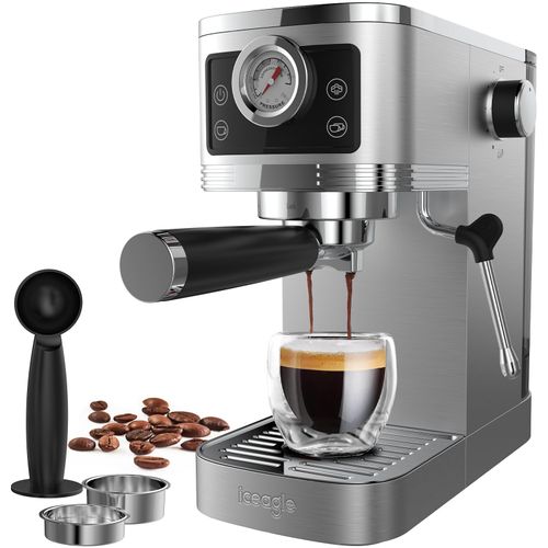 Iceagle CM1660B Machine a espresso, 20 bars, 1350W, reservoir 1,3L, mousseur de lait reglable