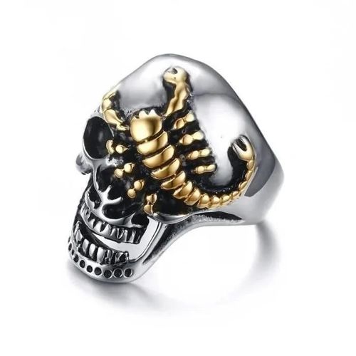 Bague Chevalière Homme Tête De Mort En Acier Et Scorpion Doré Biker 57