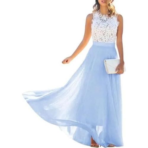 Robe Maxi Longue Femme - Dentelle Mousseline De Soie - Dos Nu - Soirée Cérémonie Cocktail Mariage - Bleu