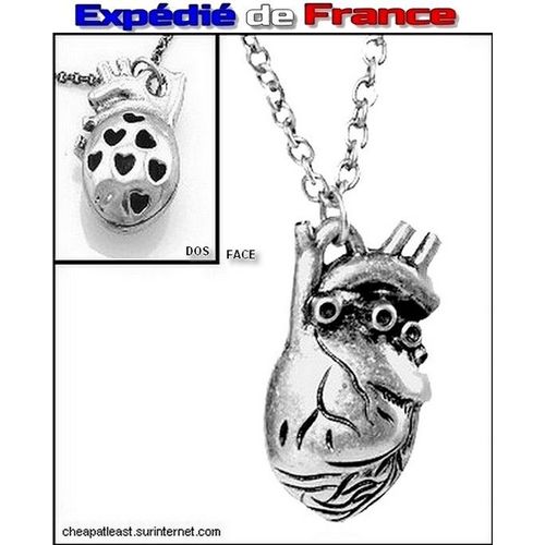 Collier Avec Pendentif Coeur Anatomique 3d Organique Bio Réaliste - Métal Style Argent Vieilli - Bijou Mixte Punk Rock Tattoo