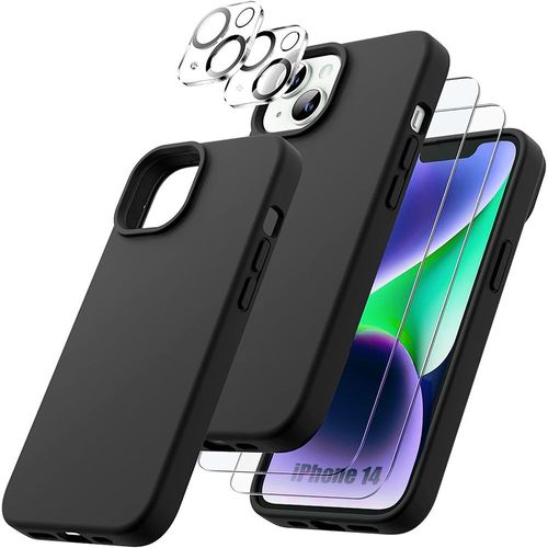 Coque Pour Iphone 14 Silicone Noir + 2 Vitres Verre Trempe Et 2 Protections Camera Arrière
