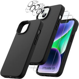 Coque pour iPhone 14 Silicone Noir + 2 Vitres Verre Trempe et 2 Protections Camera Arrière
