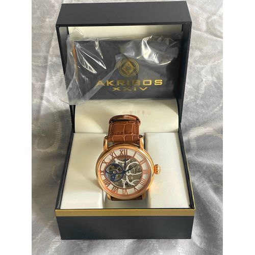 Montre Akribos Xxiv Mécanique Neuve, Découpe Squelette Cuir 44 Mm
