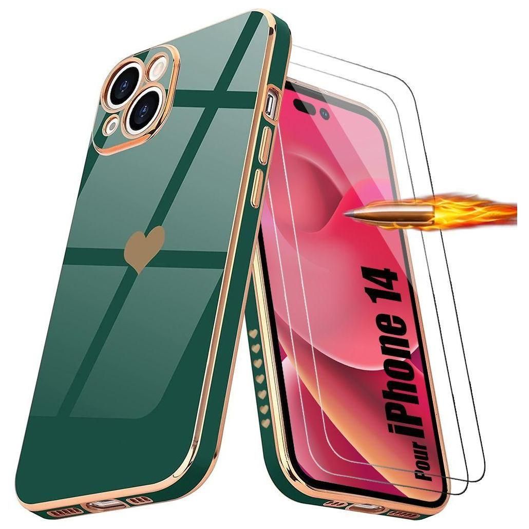 Coque Silicone Iphone 14 Vert Nuit Antichoc Motif CUr + 2 Protecteurs D'ec...