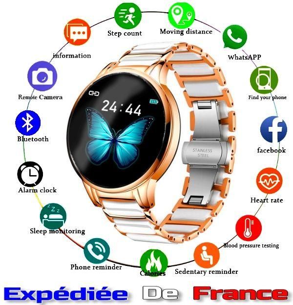 Montre Connectée Smartwatch pour Femme Or Céramique Blanche