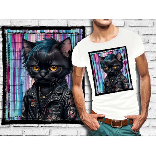 T-Shirt Blanc Homme Chaton Punk Rock Petit Chat Noir Blouson Noir 684