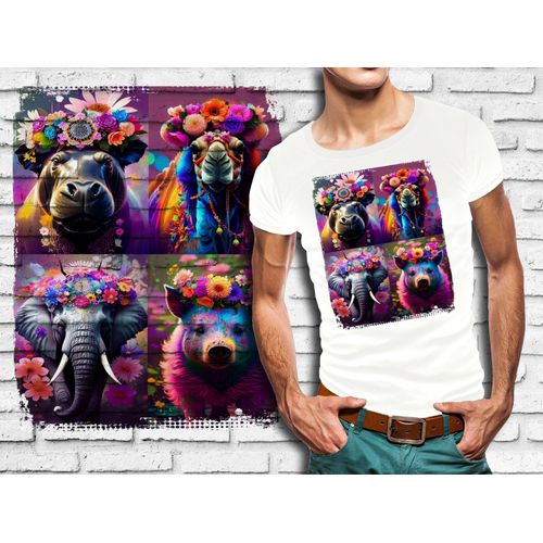 T-Shirt Blanc Homme Animaux Multicouleur Fleurs 734