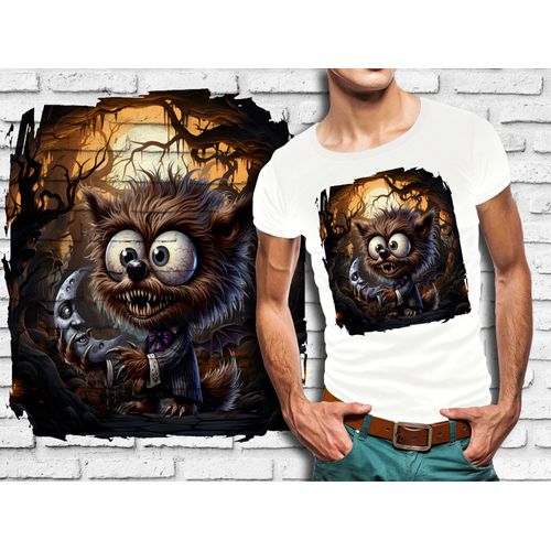 T-Shirt Blanc Homme Animal Fou Loup Garou Halloween 850