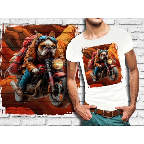 T-Shirt Blanc Homme Chien Bulldog Biker 718