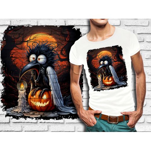 T-Shirt Blanc Homme Animal Fantome Effraye Halloween Corbeau 882