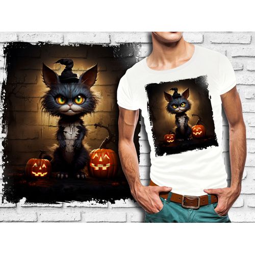 T-Shirt Blanc Homme Style Burton Chat Dark Halloween Bad Cat 800