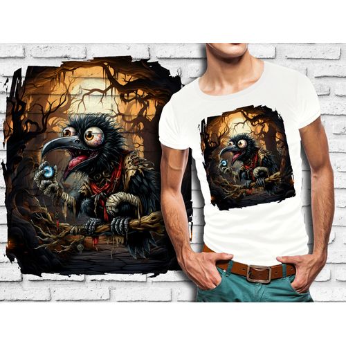 T-Shirt Blanc Homme Animal Fou Corbeau Halloween 837