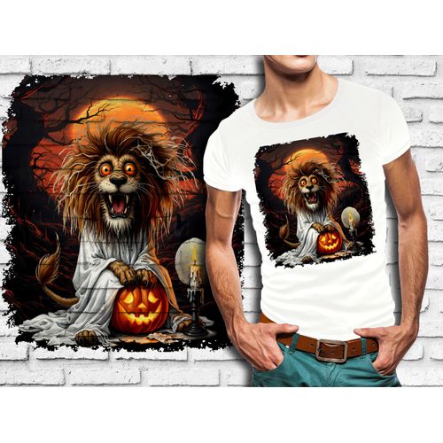 T-Shirt Blanc Homme Animal Fantome Effraye Halloween Lion 878