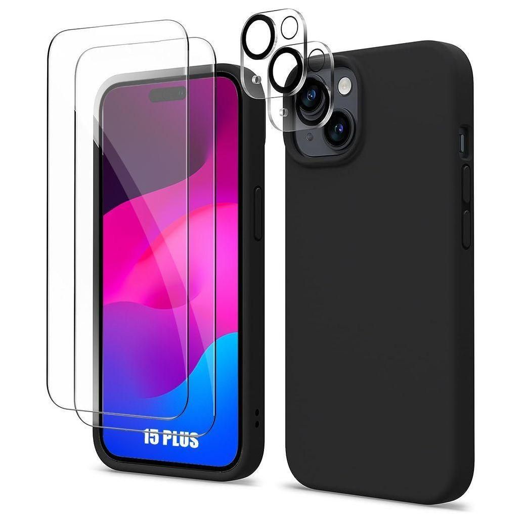 Coque Silicone Pour Iphone 15 Plus Noir + 2 Vitres En Verre Tremp Et 2 Pro...