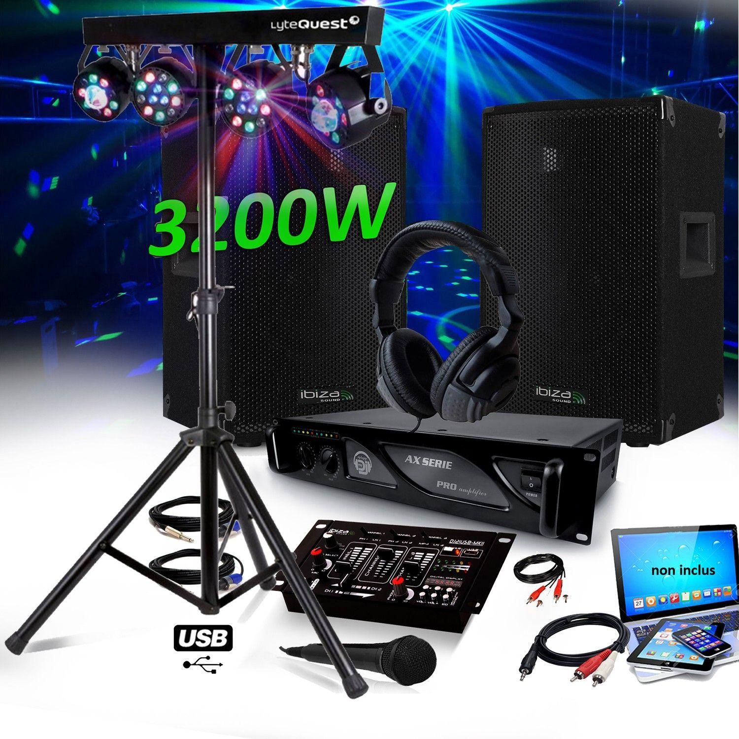 Pack DJ SONO IBIZA SOUND 3200W DISCO12 SET Enceintes + Ampl+ Table de Mixag...