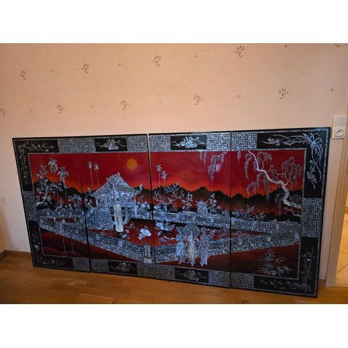 Tableau vietnamien en bois laqué et nacré représentant la pagode MÖT CÖT d'HANOÏ