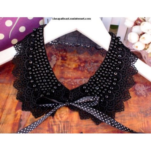 Faux Col Claudine Broderie Dentelle Crochet Et Perles + Strass - Noir - Collier Amovible Rétro / Vintage / Romantique / Chic