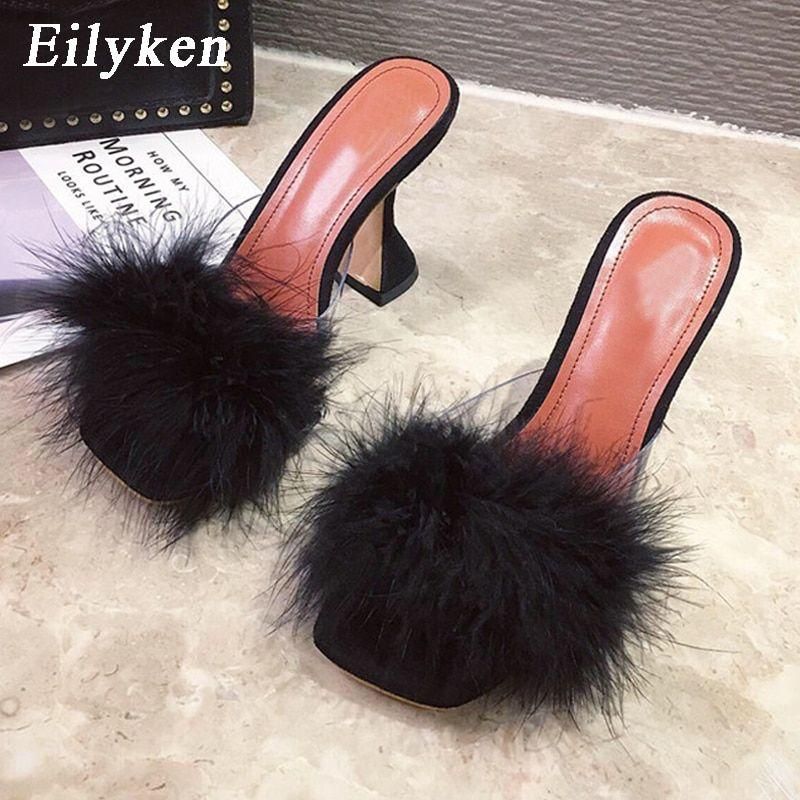 Mules En Fourrure Pour Femmes, Pantoufles En Plumes, Pvc, Transparentes, Ta... - 3