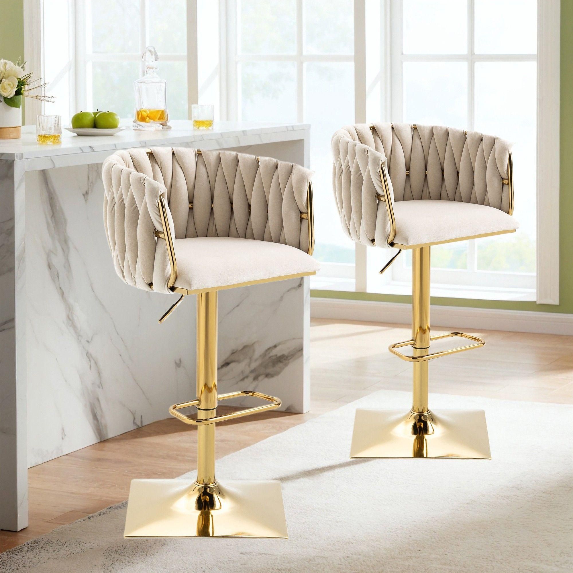 Lot De 2 Tabourets De Bar Rtro Beige Avec Dossier Et Repose-Pieds - 2