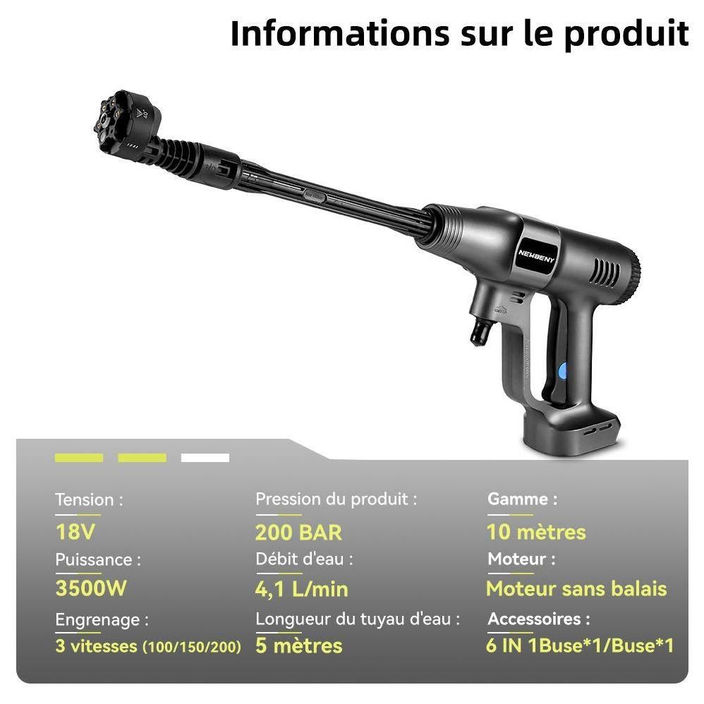 Yofidra-Nettoyeur haute pression portable 200 bar,Buse 6-en-1,3 vitesses r... - 3