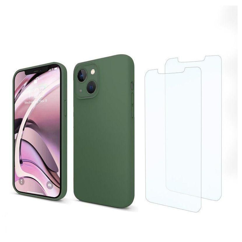 Coque Iphone 13 Mini Silicone Liquide Vert Foret + 2 Vitres En Verre Tremp...