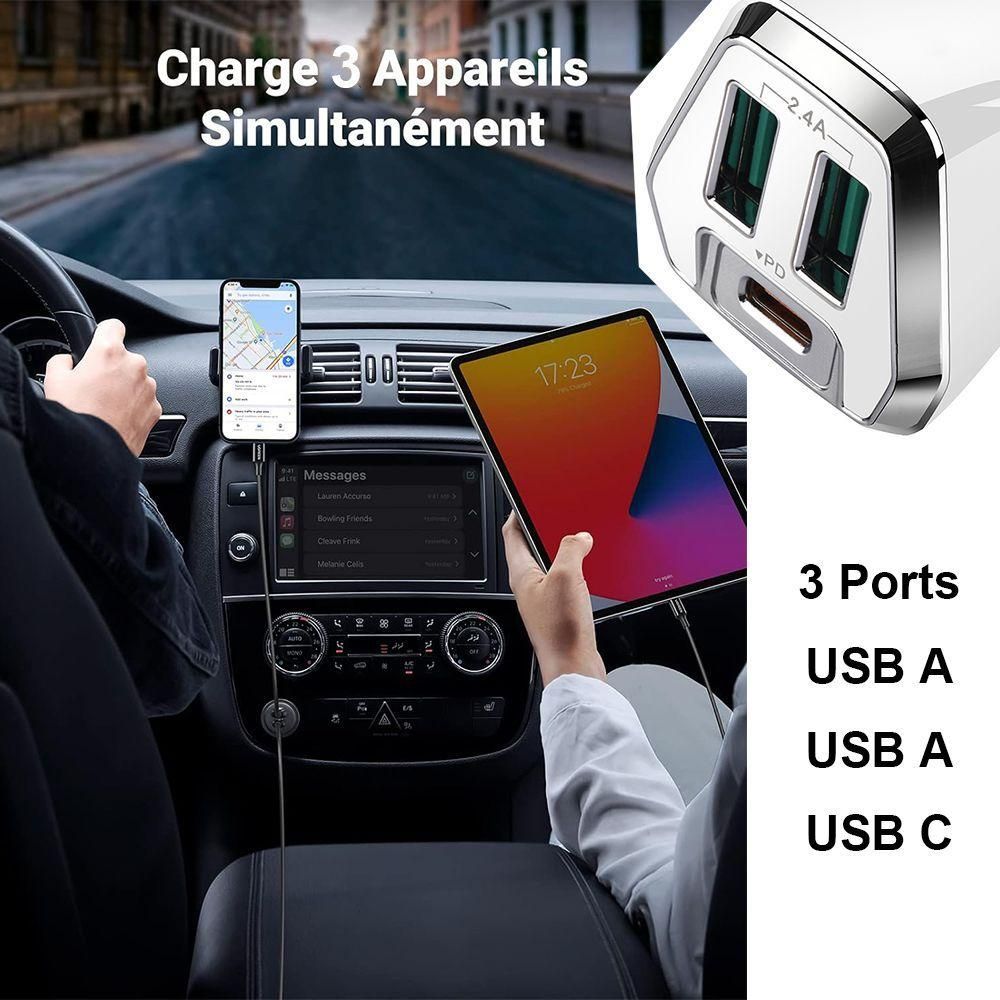 Chargeur De Voiture 3-Port Usb 2,4a Et Usb-C Pd, Allume-Cigare Universel - ... - 3