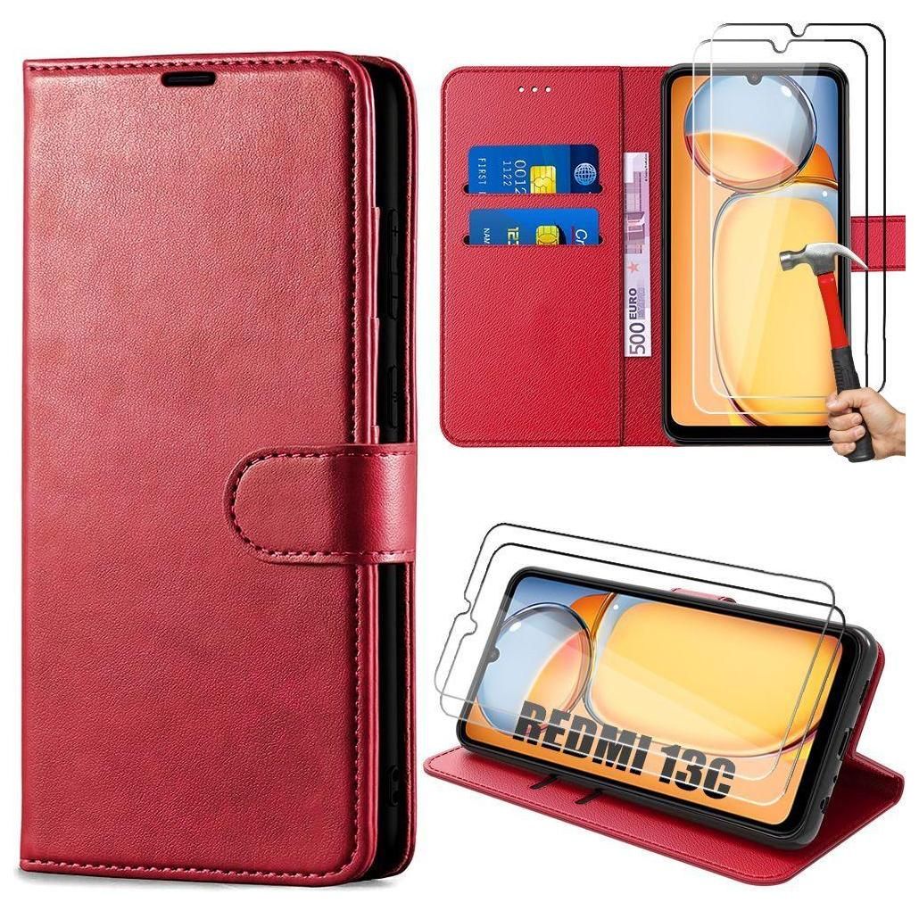 Coque + 2 Verres Tremps Pour Xiaomi Redmi 13c, Housse Antichoc Effet Cuir ...