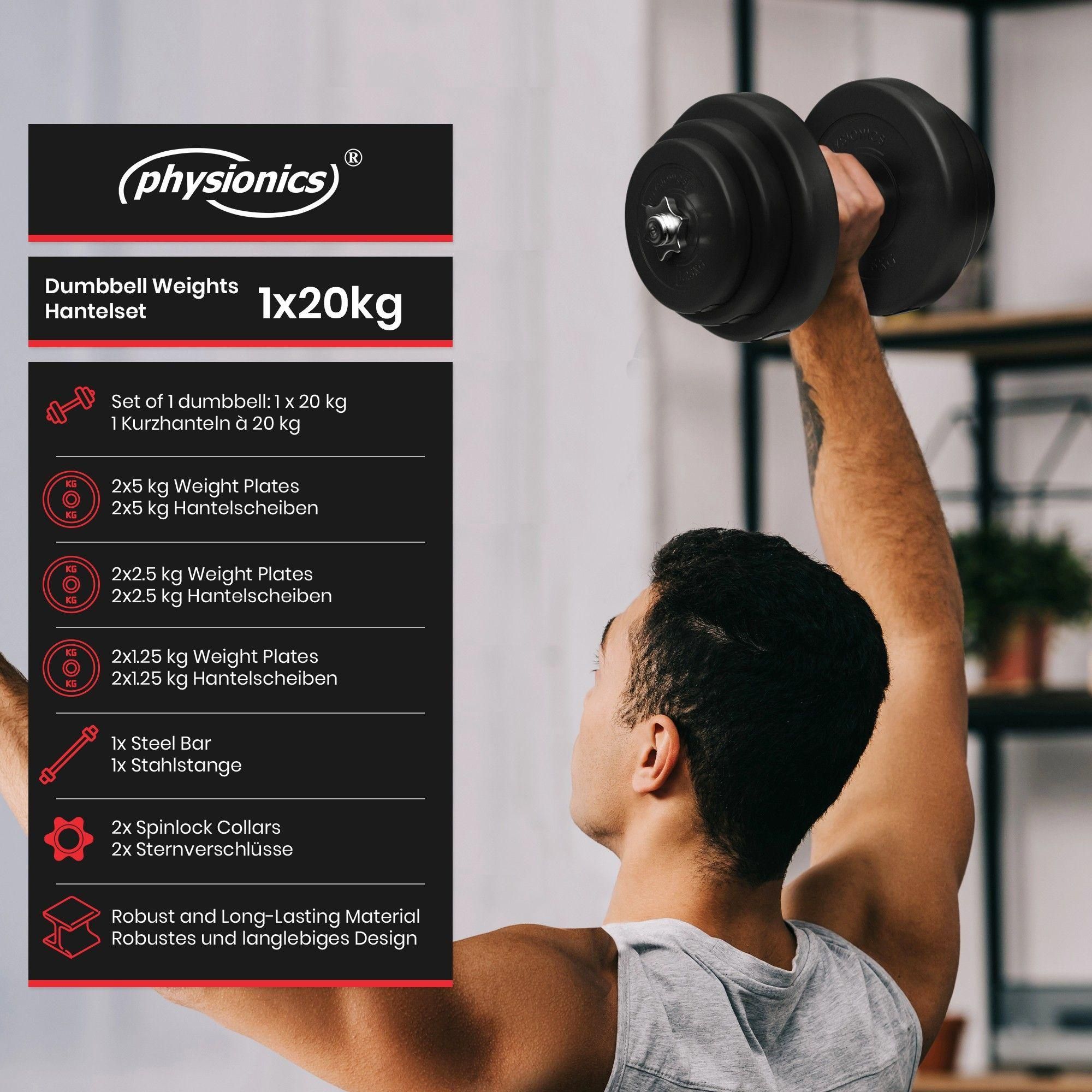 Physionics Set D'haltres Courts 20 Kg - Barre 43 Cm, 2 X 1,25 Kg, 2 X 2,5... - 2