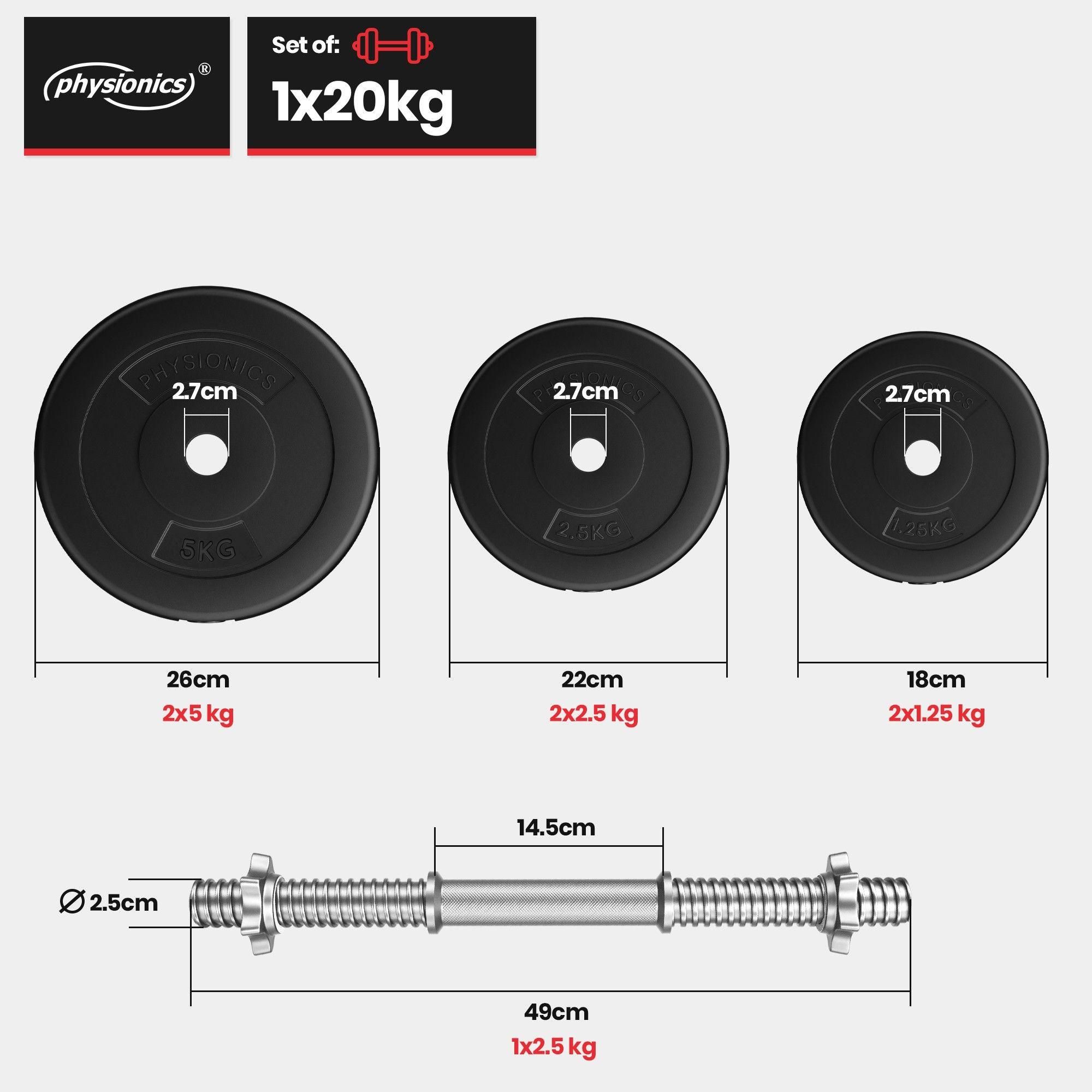 Physionics Set D'haltres Courts 20 Kg - Barre 43 Cm, 2 X 1,25 Kg, 2 X 2,5... - 9