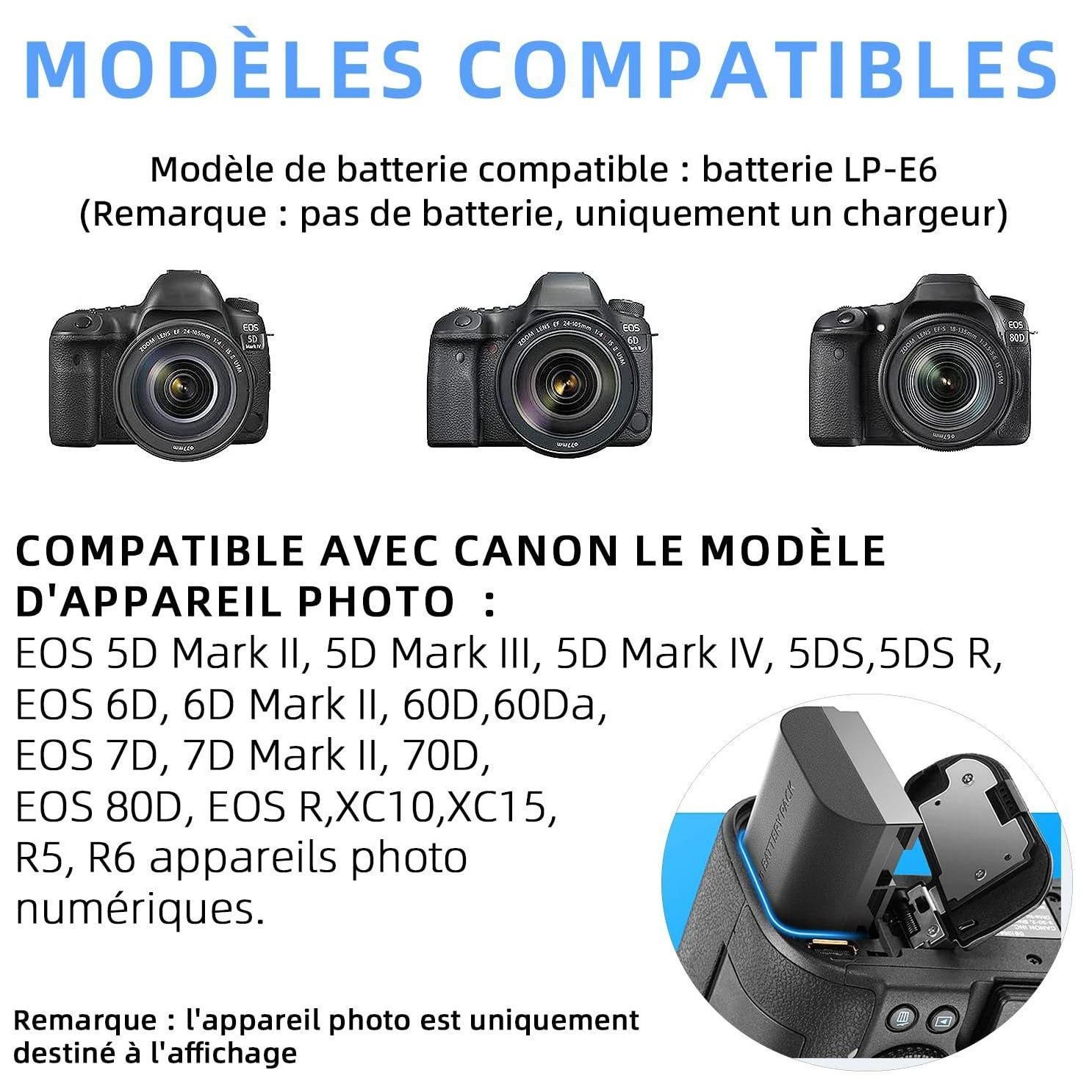 LP-E6 LC-E6 LC-E6N Chargeur de Batterie Compatible avec Canon EOS 90D 80D 7... - 2