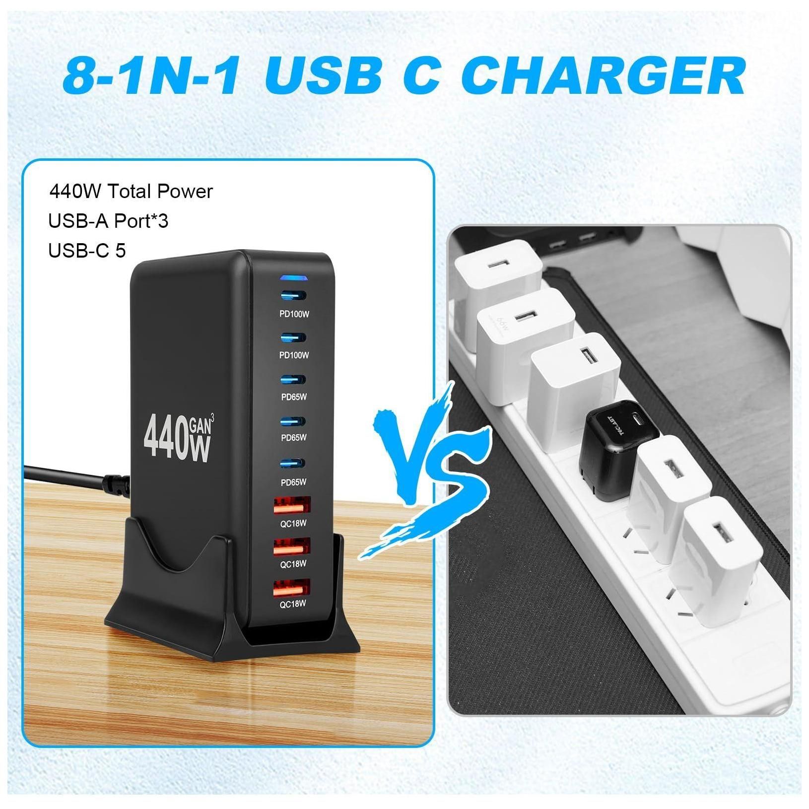 Chargeur Usb C Rapide 440w, Gan Chargeur Secteur Usb Multiple 5 Usb C+3 Usb... - 3