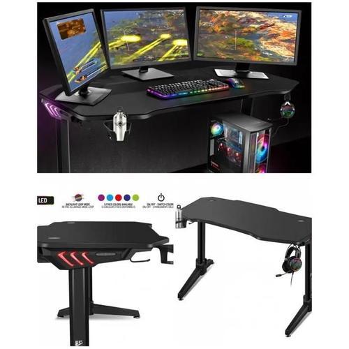 Bureau Gaming Tapis Intégral Led Rgb 140 X 60 Grand Bureau Gamer Avec Plateau En Bois Mdf Noir + Leds Rgb + Porte-Gobelet +Support D