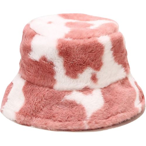 Hiver Faux Fourrure Seau Chapeau Moelleux Chaud Chapeau Pour Femmes Hommes Vache Imprimé Rose