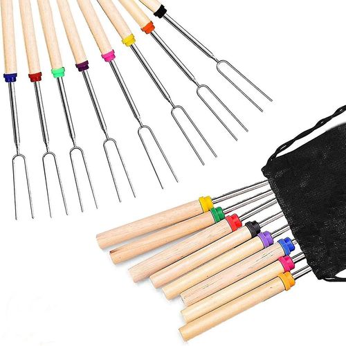 Fourches à barbecue Ensemble de 8 bâtonnets de torréfaction de guimauve Extensible en acier inoxydable 32 pouces en forme de U Hot Dog Fork avec poignée en bois Brochettes de grillade pour Ca