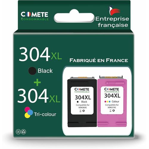 304XL - Lot de 2 Cartouches d'encre Compatibles avec HP 304 XL - pour Cartouche HP 304 - Fabrication Française (1 Noire + 1 Couleurs)