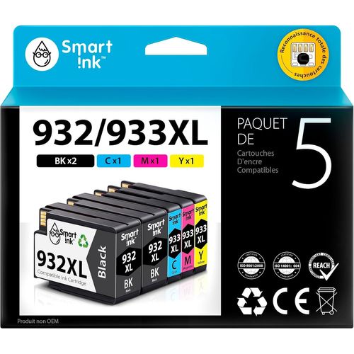 Cartouches d¿Encre Compatibles Alternative pour HP 932xl/933xl 932 933 Pack de 5 (2 Black Cyan Magenta Jaune) avec Système de Puce Avancée pour Officejet 6600 6100 6700 7110 7610 7612