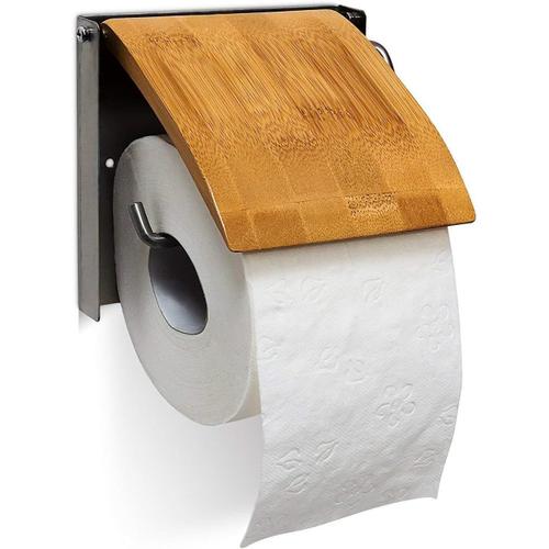 Porte-rouleau de papier hygiénique en bambou et inox HxlxP : 13,5 x 14,5 x 13,5 cm support mural salle de bain Toilette, nature