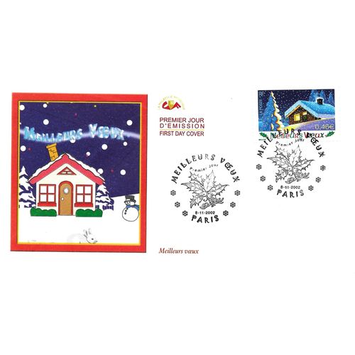 France 2002, Très Belle Enveloppe 1er Jour, Timbre Yvert 3533, Meilleurs Voeux, Chalet Éclairé Sous La Neige, État Neuf.