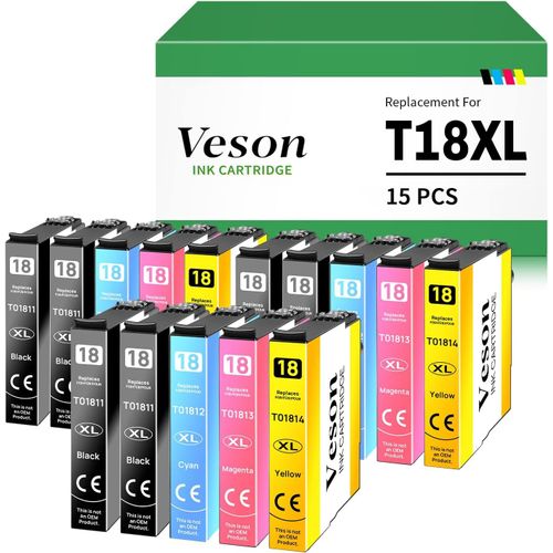 18XL Cartouches d'encre Compatible pour Epson 18XL pour XP-215 XP-312 XP-305 XP-205 XP-225 XP-315 XP-322 XP-405 XP-415 XP-325 XP-425 XP-402 XP-412 XP-202(Paquet de 15)