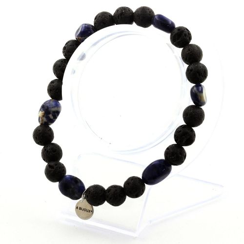 Bracelet Sodalite Du Brésil + Perles Lave 8 Mm. Fabriqué En France.