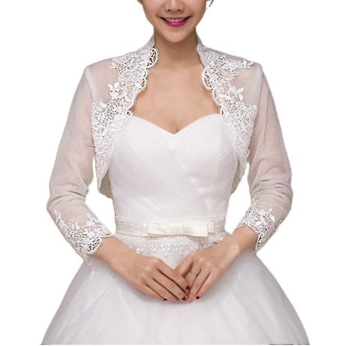 Femmes 3/4 Manches Veste De Mariage Cape Broderie Dentelle Floral Garniture Wrap Haussement D¿Épaules Boléro Soirée Mariée Capelet Cardigan