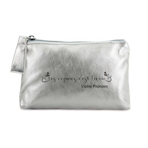 Trousse de maquillage argent pochette les copines c'est la vie personnalisee