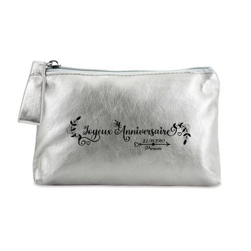 Trousse de maquillage argent pochette joyeux anniversaire personnalisee