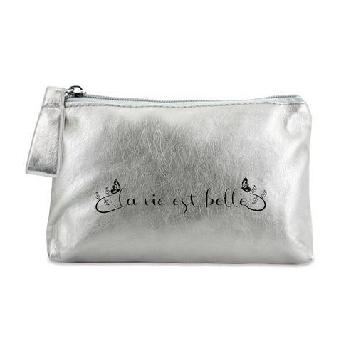 Trousse de maquillage argent pochette la vie est belle papillon