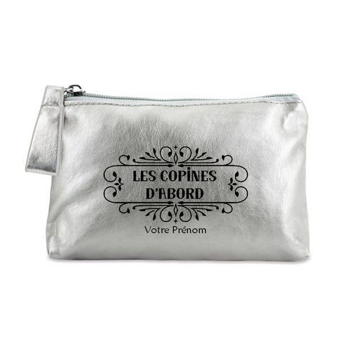 Trousse de maquillage argent pochette copines d'abord personnalisee
