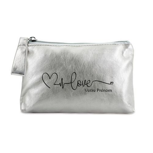 Trousse de maquillage argent pochette love et coeur personnalisee