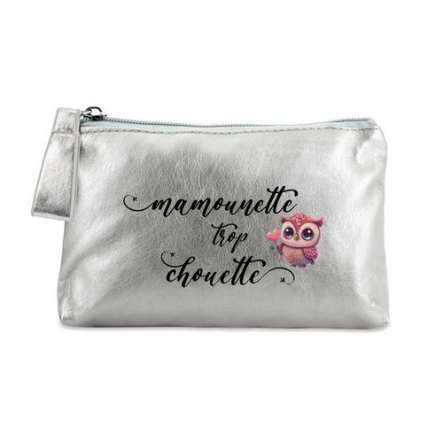 Trousse de maquillage argent pochette maman chouette et coeur personnalisee