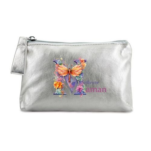 Trousse de maquillage argent pochette meilleure maman avec des fleurs